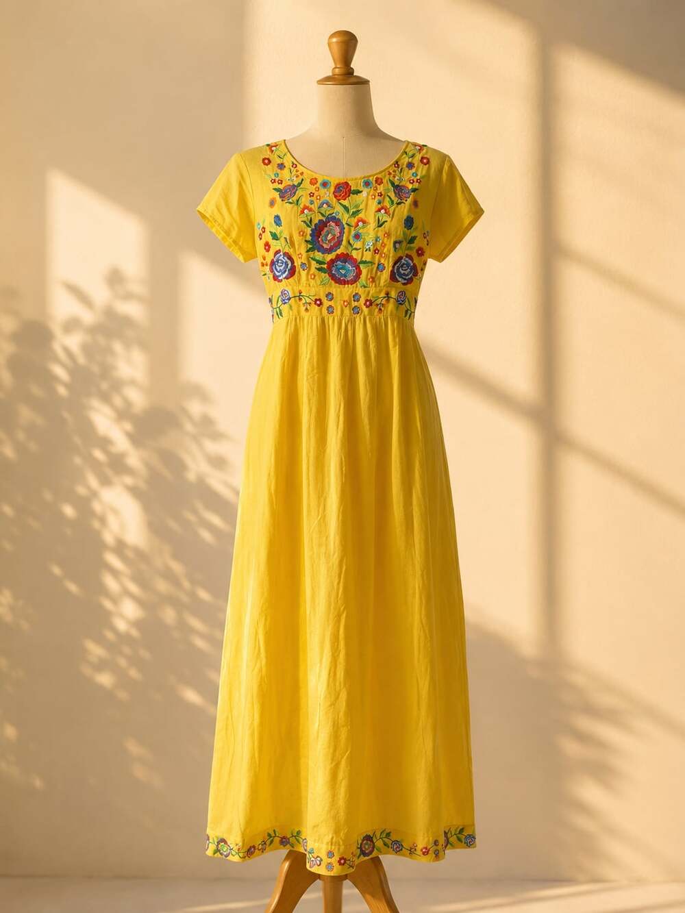 Boho Embroidered Floral Maxi Dress L Yellow Folk Art Mexican Inspired Dress